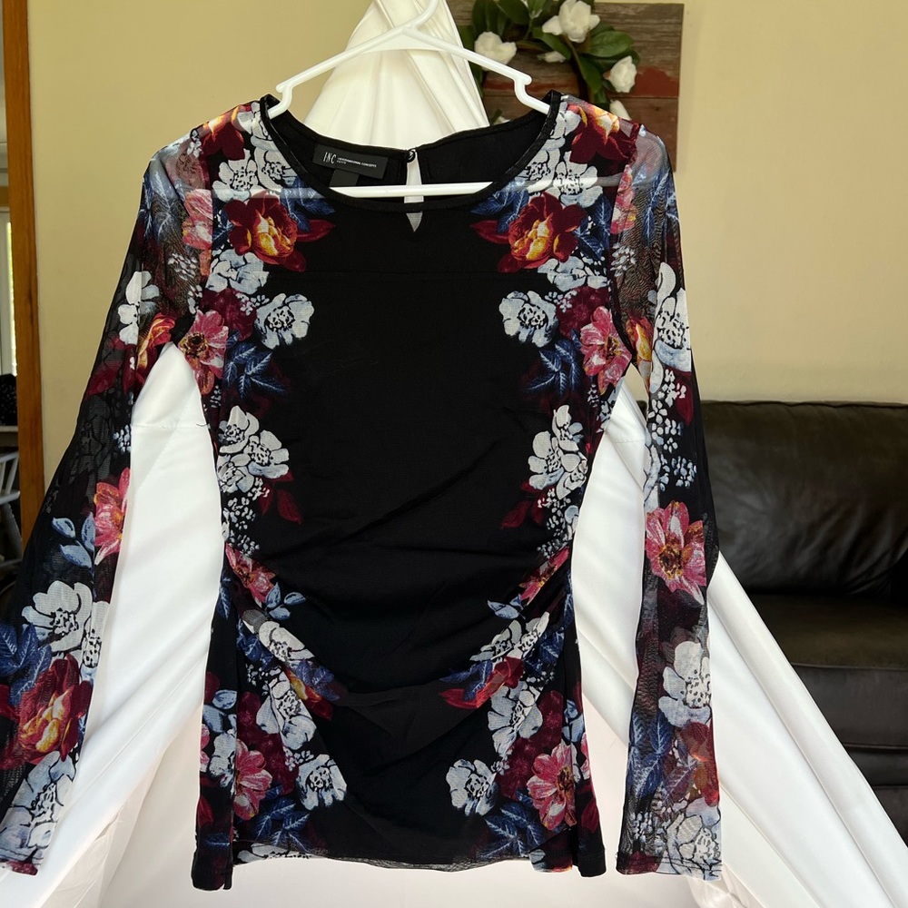 Sheer black and floral print long sleeve top